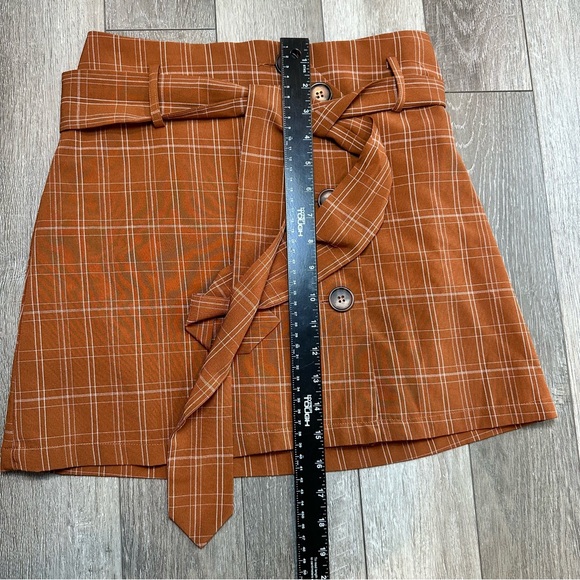 Alythea Plaid Orange Brown Button Down Mini A-Line Skirt Tie Front Belt Preppy - Picture 7 of 7